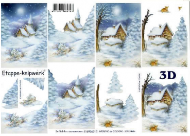 3D Schneidebogen Kirche im Schnee, verschneites Dorf